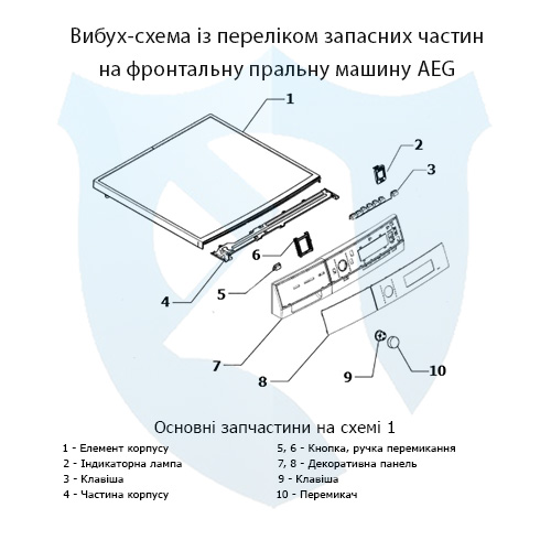 Вибух-схема із переліком запасних частин на фронтальну пральну машину AEG 1