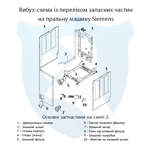 Вибух-схема із переліком запасних частин на пральну машину Siemens з вертикальним завантаженням 2