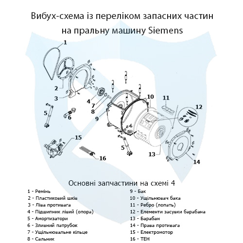 Вибух-схема із переліком запасних частин на пральну машину Siemens з вертикальним завантаженням 4