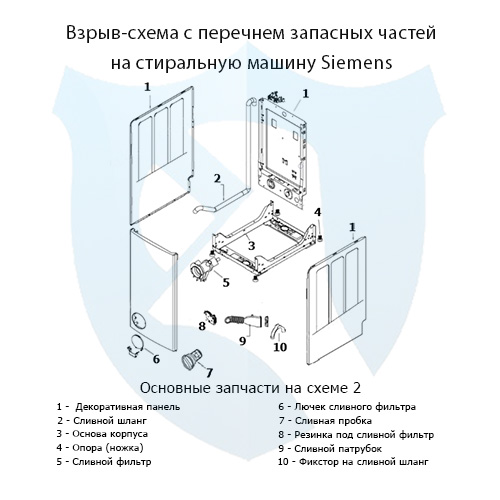 Взрыв-схема с перечнем запасных частей на стиральную машину Siemens с вертикальной загрузкой 2